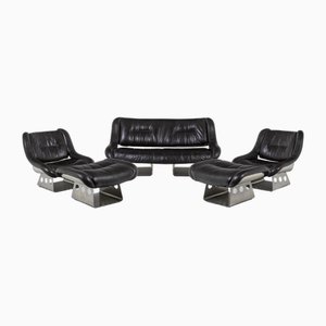 Metal and Leather Living Room Set, 1970s, Set of 5