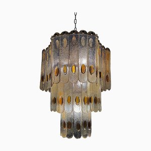Large Italian Murano Chandelier in Amber and Clear Glass from Mazzega, 1970s