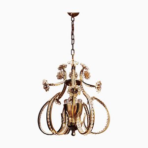 Lámpara de araña de cristal de latón dorado atribuida a Palwa, años 60