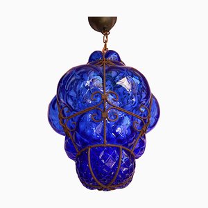 Lanterne Lumineuse Mid-Century Seguso Murano Bleu Cobalt Soufflé, 1950s