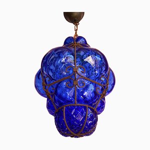 Mid-Century Seguso Murano Cobalt Blue Blown Detailed Lantern Light, 1950s