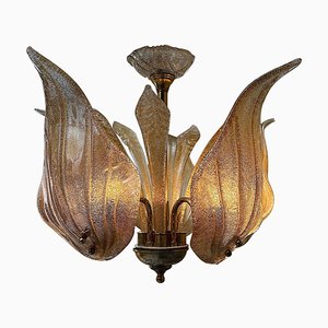 Lámpara de araña Mid-Century en hoja de oro de cristal de Murano, años 80