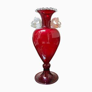 Grand Vase Poisson Vénitien Soufflé à la Main Rouge et Doré par Salviati, 1890s
