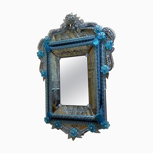 Miroir Vénitien Vintage en Verre de Murano avec Détails en Verre Bleu et Fleurs, 1920s