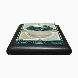 Mid-Century Italian Ashtray in Crystal Glass and Leather from Fontana Arte, 1960s