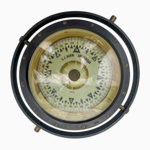 Antique Ships Compass in Painted Brass by L.J. Harri, Amsterdam, Early 20th Century