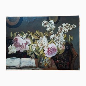 Gabriel Edouard Haberjahn, Bouquet de Lilas Blancs et Pivoines Rose, Huile sur Papier sur Carton