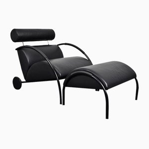Black Leather Zyklus Armchair & Stool by Peter Maly for Cor, 1980s, Set of 2