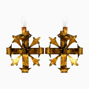 Brutalist Gilded Iron Wall Lamps, 1960s, Set of 2