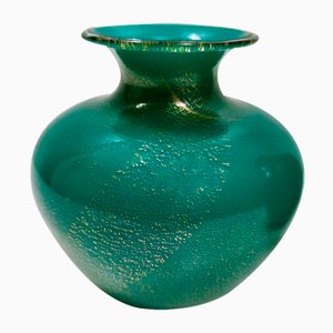 Vase Vintage en Verre Algue Vert avec Feuille d'Or par Tomaso Buzzi pour Venini, 1930s
