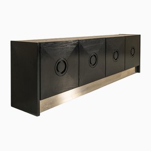 Brutalist Sideboard in Black Stained Oak and Brushed Steel, Belgium, 1970s