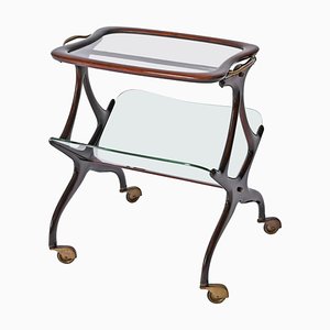 Walnut and Brass Bar Cart with Magazine Rack attributed to Cesare Lacca for Cesare Lacca, Italy, 1950s