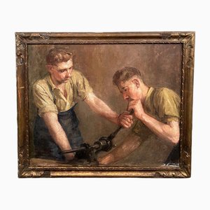 F. Saint Pasty, Dos trabajadores en el trabajo, 1930, óleo sobre lienzo, enmarcado