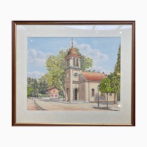 A. Chaudet, The Village Church, 1890, Acquarello, Incorniciato