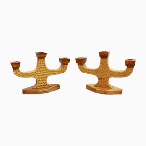 Anthroposophic Candleholders in Carved Wood, 1950s, Set of 2