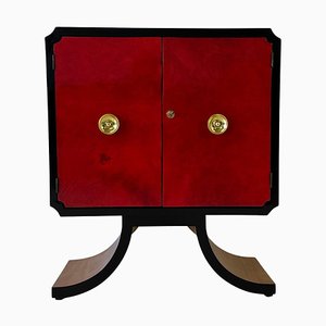 Mobile bar Art Déco in pergamena rosso ciliegia, acero e lacca nera, Italia, anni '40