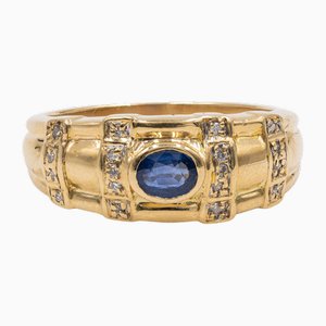 Anillo vintage de oro amarillo de 18 k con zafiro y diamantes, años 70