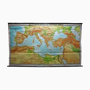 Vintage Mural Map Mediterranean Sea Near East Countries Rollable Wall Chart, 1970s