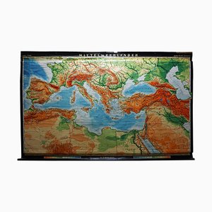 Vintage Rollable Map Mediterranean Countries Wall Chart Mural Poster, 1970s