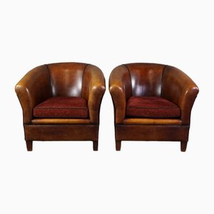 Leather Armchairs with Black Piping and Fabric Cushions, Set of 2