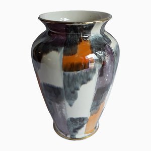 Vase Mid-Century en Céramique avec Décor Coloré et Bordure Dorée sur Tessons Blanc Crème de Bay, 1960s