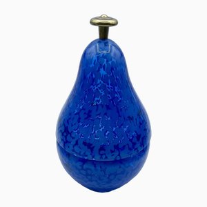 Pear Shaped Covered Bowl in Dark Blue Murano Glass with Metal Holder, Cenedese, Italy