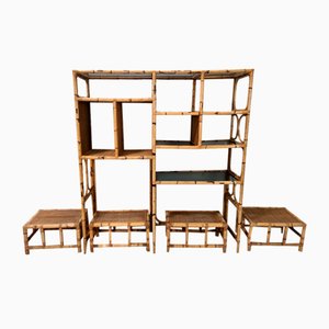 Postmodern Bamboo Bookcase with Smoked Glass Shelves attributed to Vivai Del Sud, Italy, 1970s, Set of 5
