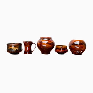 Jarrón, jarra, cuencos y candelero alemán Mid-Century de cerámica de Till Sudeck, años 60. Juego de 5