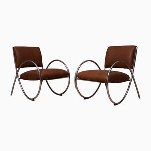 Mid-Century Chromed Metal and Leather Armchair, 1980s, Set of 2