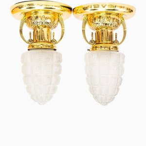 Art Deco Ceiling Lamps with Original Glass Shades, 1920s, Set of 2