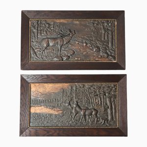 Cast Half Relief Wall Pictures of Black Forest Deer and Roe Deer, 1900, Set of 2