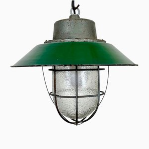 Industrial Cage Pendant Light in Green Enamel and Cast Iron, 1960s