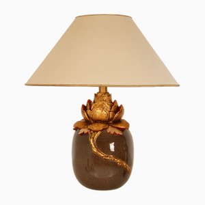 French Gilt Chinoiserie and Jade Green Lotus Table Lamp in the style of Frederick Cooper, 1970s