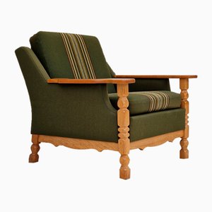 Fauteuil en Laine Verte et Bois de Chêne, Danemark, 1970s