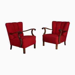 Art Deco Easy Chairs in Dark Stained Beech with Red Wool by Viggo Boesen for Fritz Hansen, 1930s, Set of 2