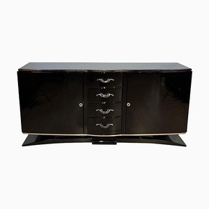 Art Deco Sideboard in Black Lacquer, Nickel & Maple, France, 1930s