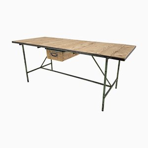 Vintage Industrial Iron and Wood Table with Drawer, 1950s