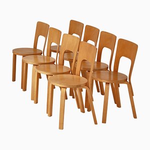 Vintage Model 66 Chairs in Laminated Birch by Alvar Aalto for Artek, 1970s, Set of 8