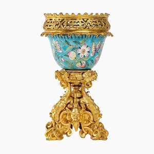 Cuenco de arte asiático de porcelana y bronce chapado y dorado, década de 1800
