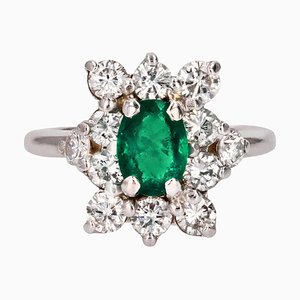 18 Karat White Gold Daisy Ring with Emerald and Diamonds, 1970s