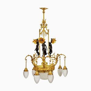 Art Nouveau Chandelier in Bronze and Gilded Brass, 1890s