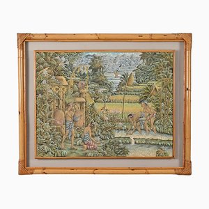 Mid-Century Balinese Painting on Silk with Bamboo and Woven Rattan Frame, 1960s