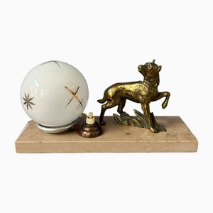 Art Deco Table Lamp with Opaline Glass Shade and Wolf Figure, 1970s