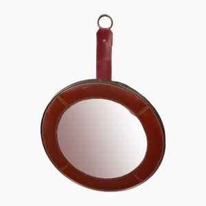 Round Leather Mirror with Adnet Stitching, 1960s