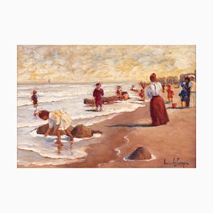 Anne de Seager, Scène de Plage, Huile sur Panneau, 20ème Siècle, Encadrée