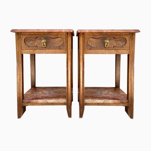 Early 20th Century Walnut Nightstands with Marble, 1940s, Set of 2