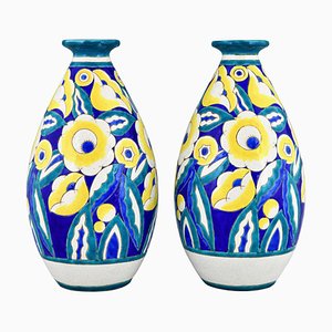 Art Deco Belgian Ceramic Vases with Flowers by Keramis, 1932, Set of 2