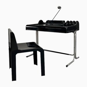 Pop-Art Black Desk Orix with Chair Draft 1971 by Vittorio Parigi and Nani Prina for Molteni, Italy, 1970s, Set of 2