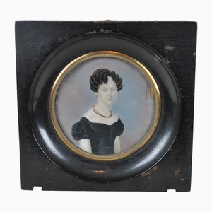 Miniatur, Porträt einer Frau mit Halskette, 19. Jh., 1800er, Farbe & Holz