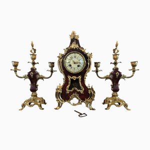 Orologio da camino a pendolo piccolo in ottone e bronzo, Francia, fine XIX secolo, set di 3